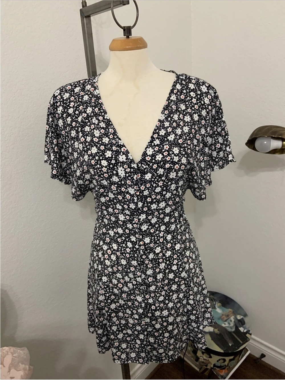 Zara Black Floral V-Neck Mini Dress